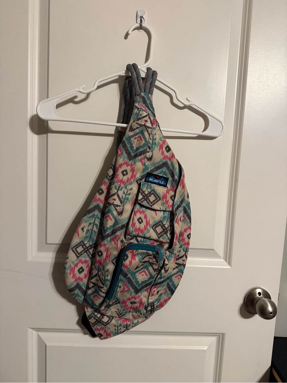 Kavu Aztec Rope Sling Bag in Teal, Pink & Cream